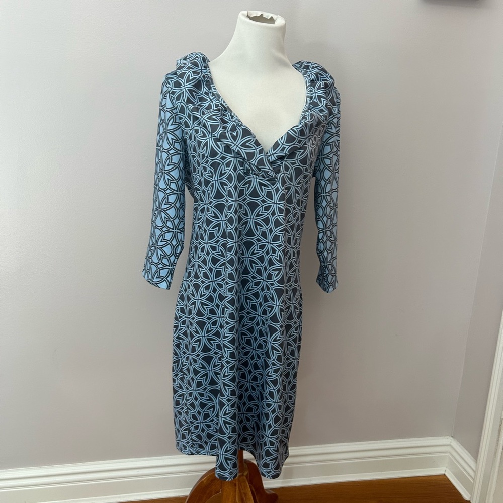 Gretchen Scott Blue Geometric Print V-Neck Women's Dress